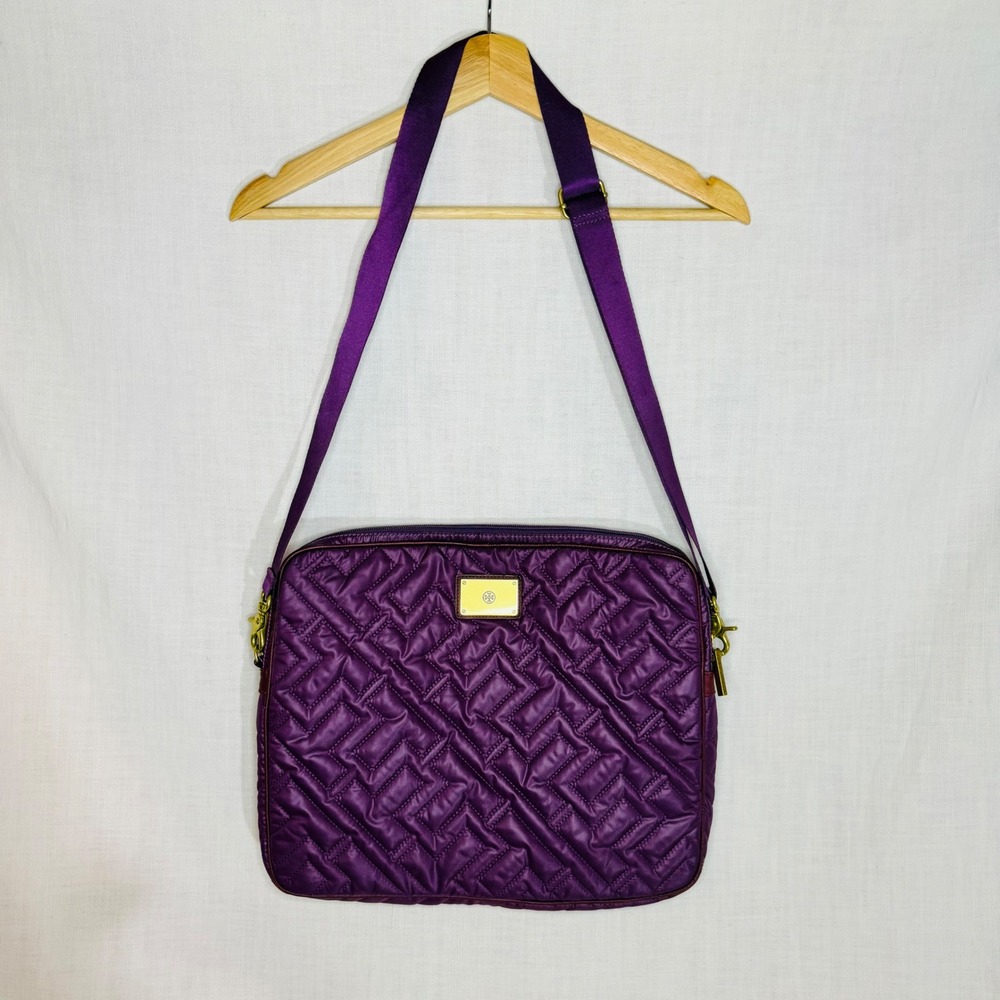 Tory Burch Purple Quilted Crossbody Laptop Bag Padded Tech Case Gold Hardware